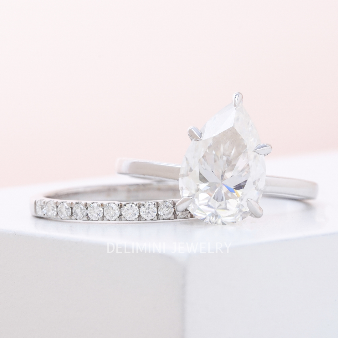 Premium Pear Cut Diamond with Half Diamond Band Bridal Set Rings