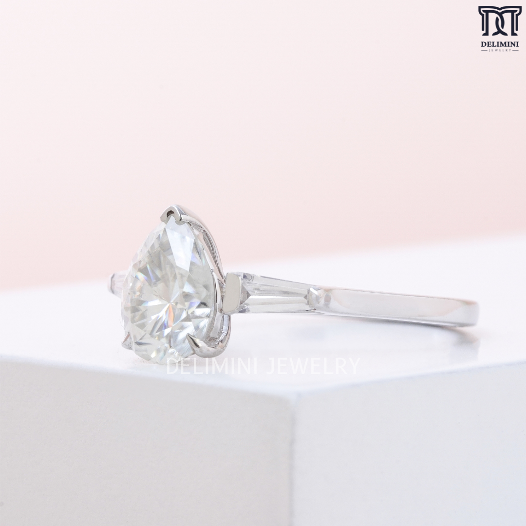 Pear Cut with Baguette Side Three Stone Engagement Ring