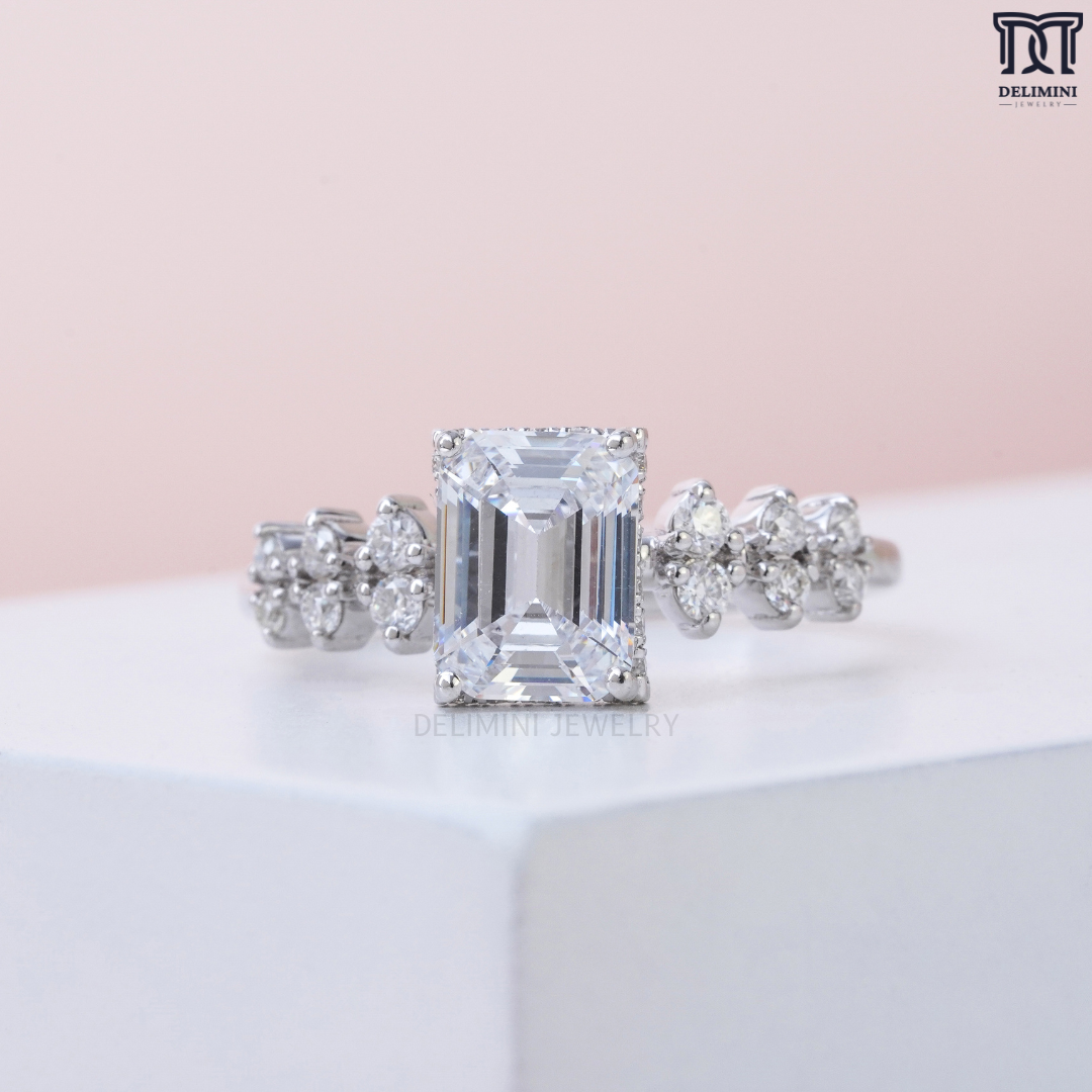 Traditional Emerald Cut with Round Cut Stone Beauty on Band