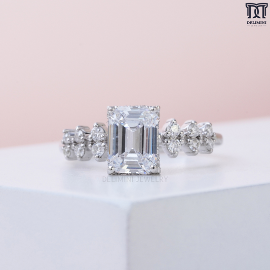 Traditional Emerald Cut with Round Cut Stone Beauty on Band