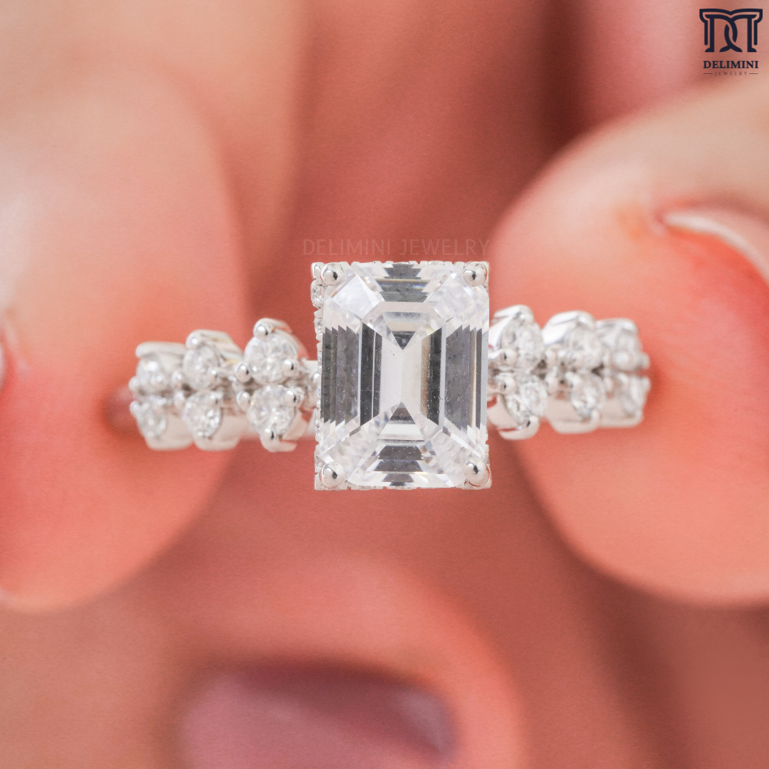 Traditional Emerald Cut with Round Cut Stone Beauty on Band