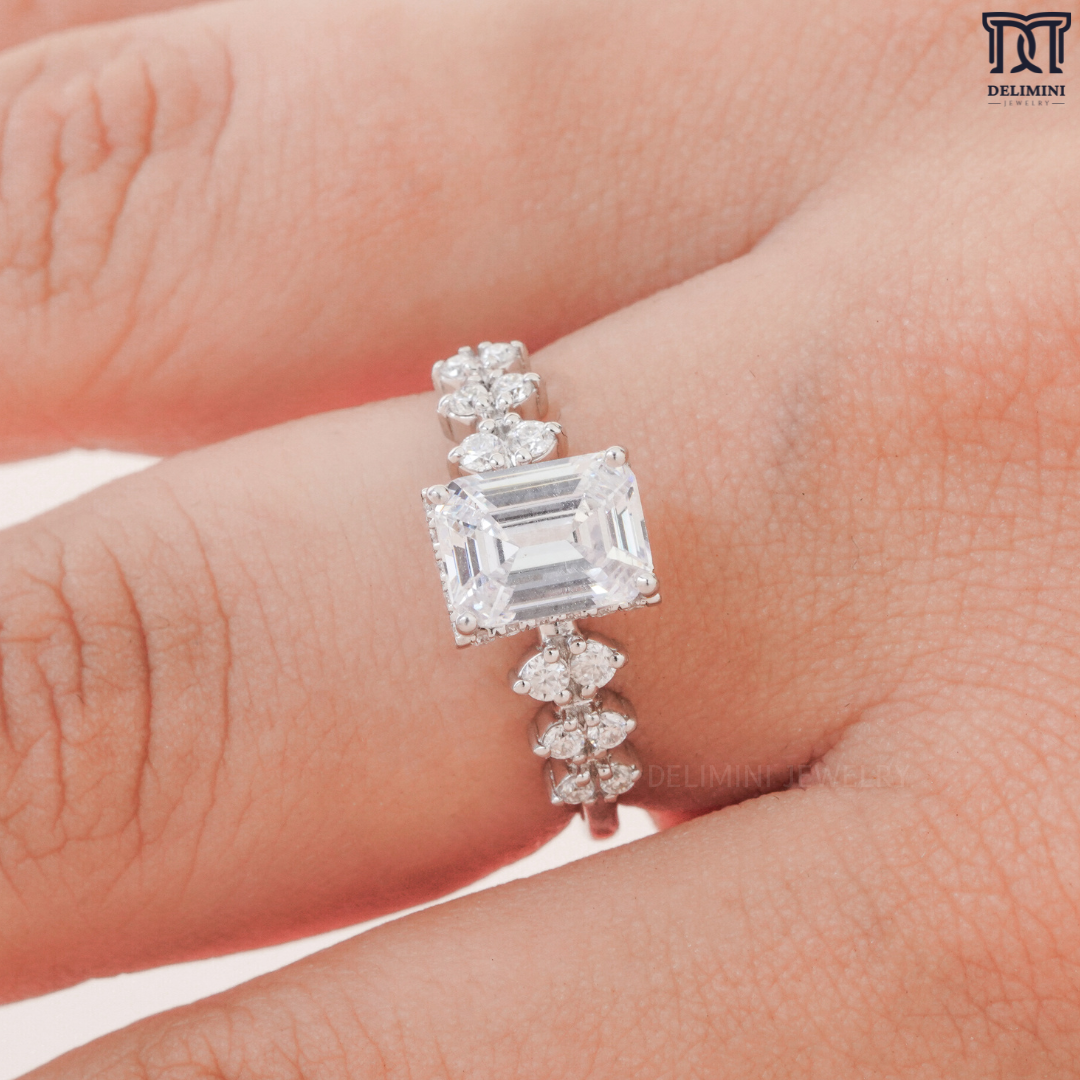 Traditional Emerald Cut with Round Cut Stone Beauty on Band