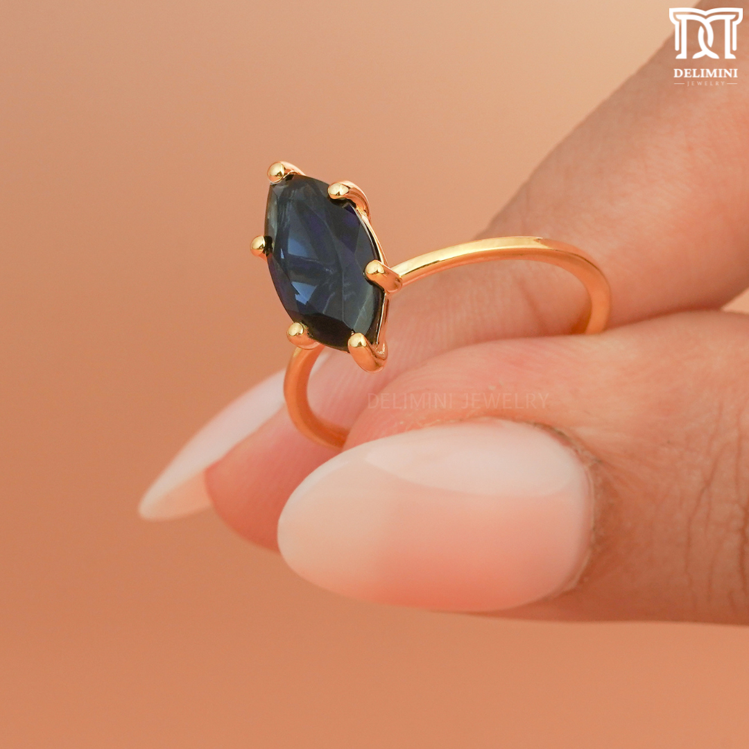 Antique Dark Blue Sapphire Diamond Ring - DELIMINI JEWELRY