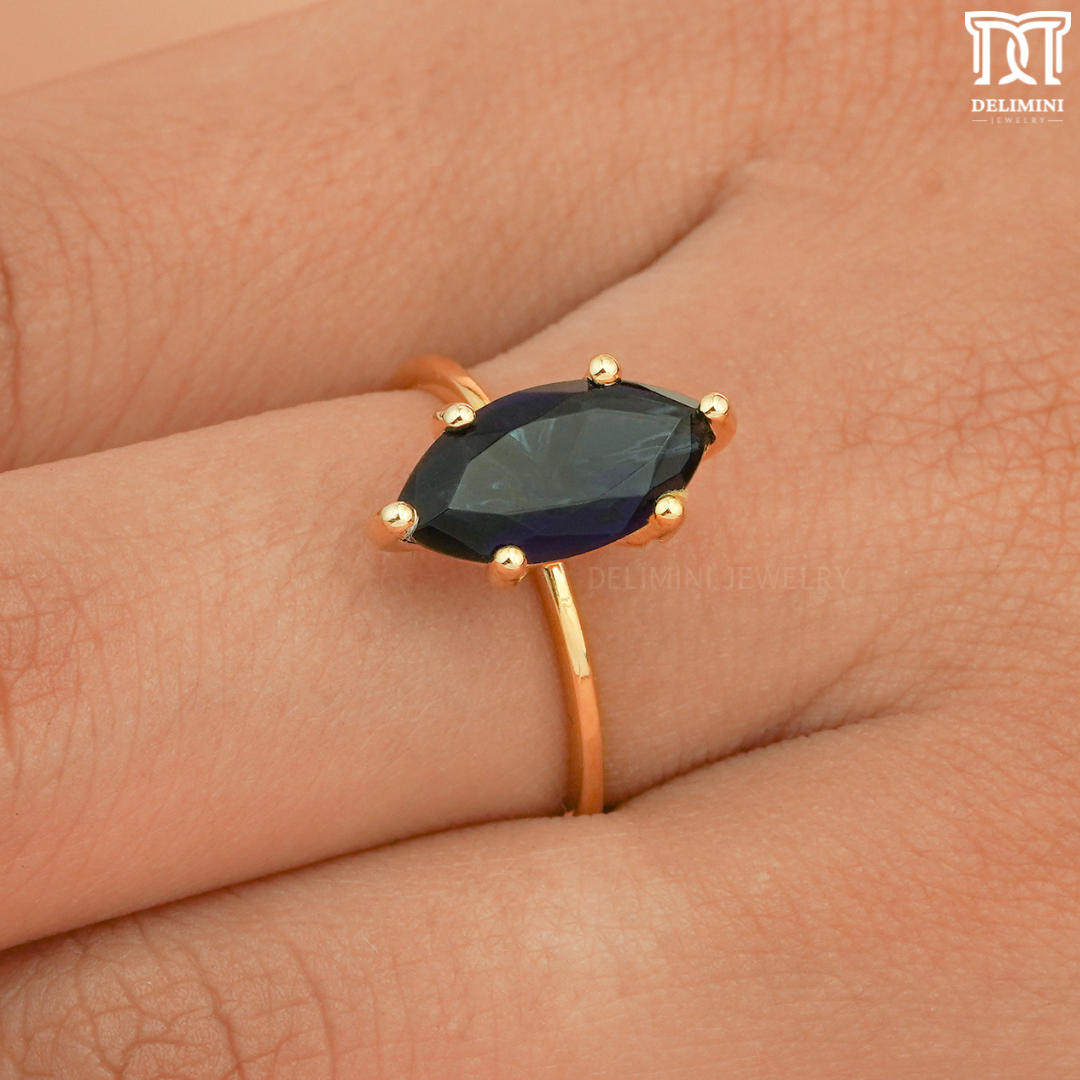 Antique Dark Blue Sapphire Diamond Ring - DELIMINI JEWELRY