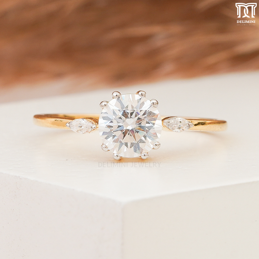 Amazing Side Set Marquise Round Cut Solitaire Ring