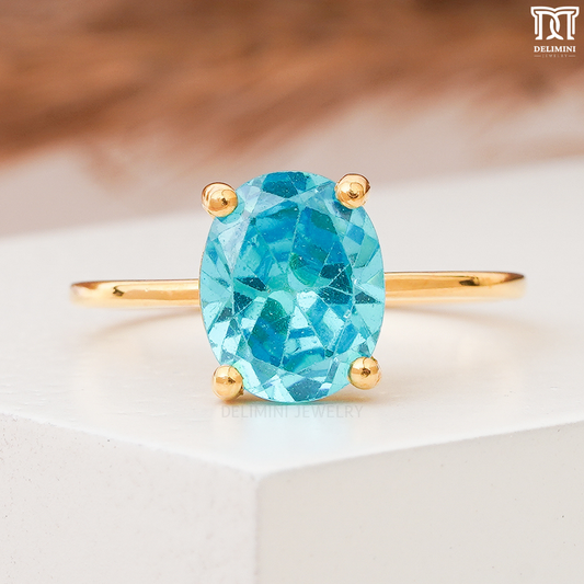 Oval Shape Blue Topaz and Diamond ,November Birthstone Ring