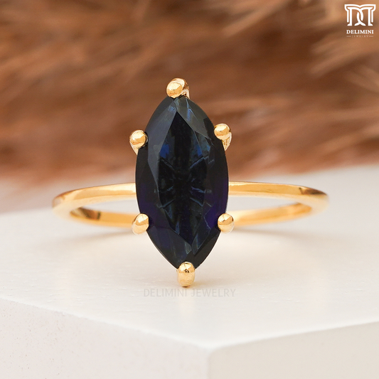 Antique Dark Blue Sapphire Diamond Ring