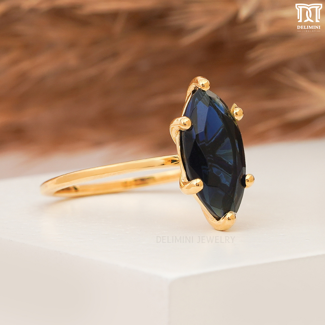 Antique Dark Blue Sapphire Diamond Ring