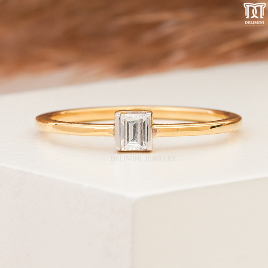 Gold Stackable Baguette Band, Thin Dainty Single Diamond Ring